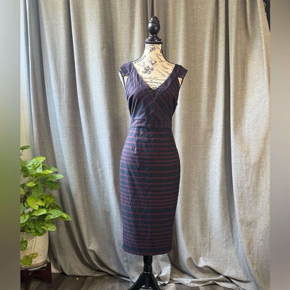 ASOS Navy and Burgundy Striped Midi Dress